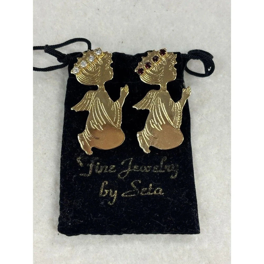 Vintage Seta Birthstone Angel Brooch Pins January Garnet April Rhinestone Pair